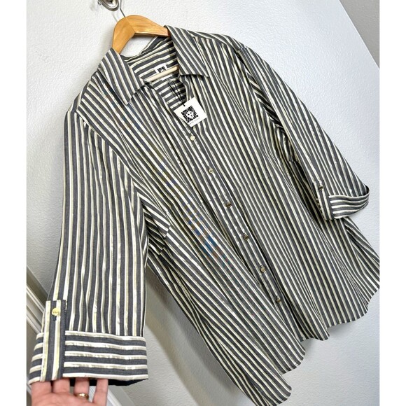 NWT Anne Klein Metallic Gold Gray Striped Button Down Shirt 2X Blouse 3/4 Sleeve - Picture 3 of 11